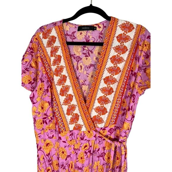 Retro Floral Wrap Maxi Dress XL Pink Boho Western Preppy Chic Colorful Feminine - Picture 4 of 12